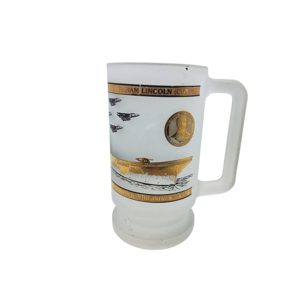 Vintage USS Abraham Lincoln CVN-72 Frosted Glass Beer Mug With Gold Accents